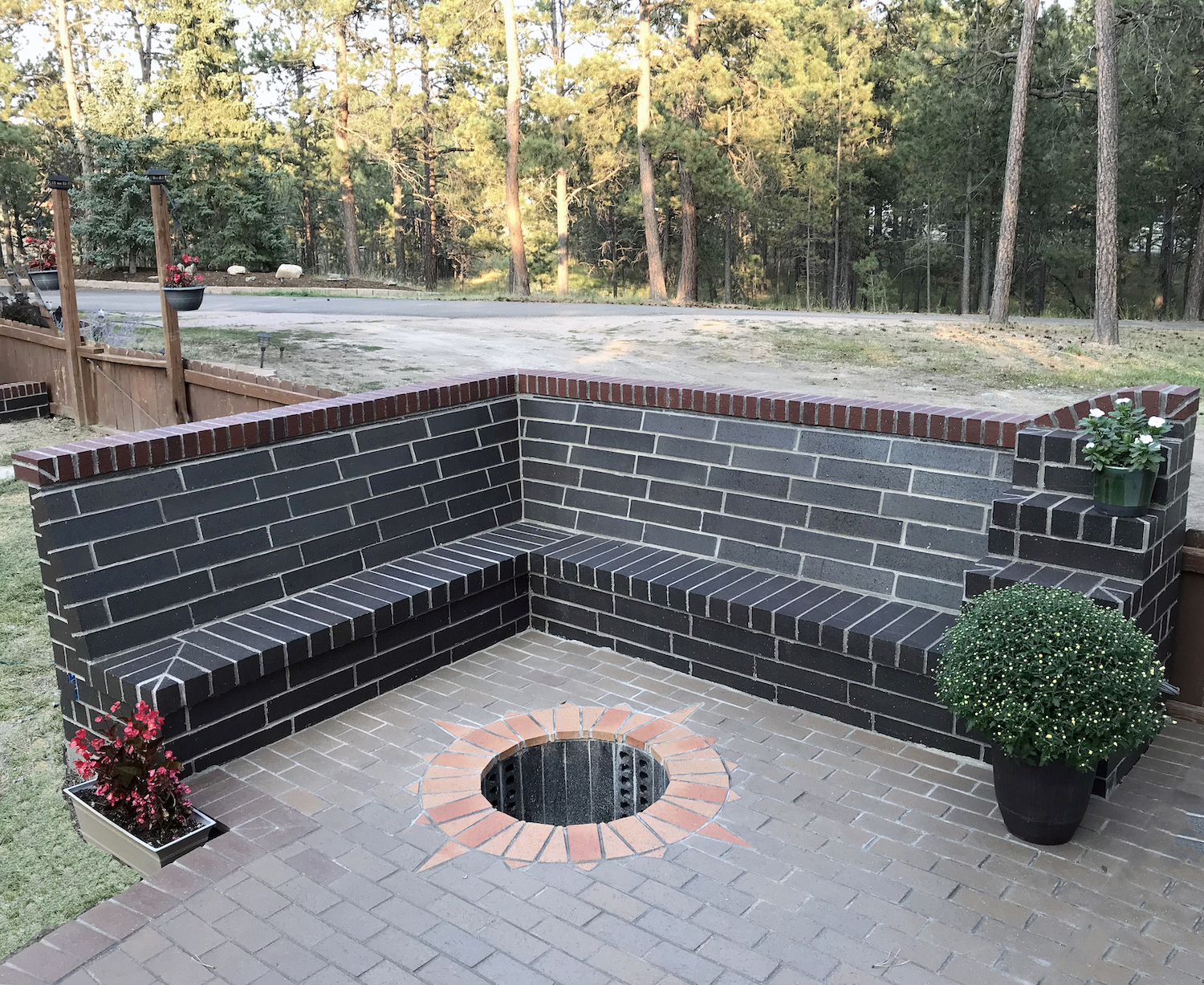 brick bench with in ground firepit